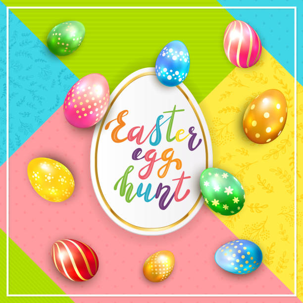 illustrazioni stock, clip art, cartoni animati e icone di tendenza di sfondo colorato con lettering easter egg hunt e uova dipinte - easter greeting card eggs illuminated