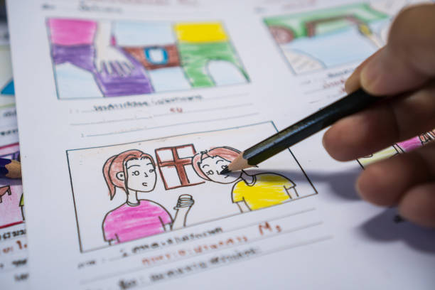 istock Creator drawing Story board movie video layout for pre-production, development cartoon illustration animation for process media films in form displayed script film production. Media product concept. 1128174031