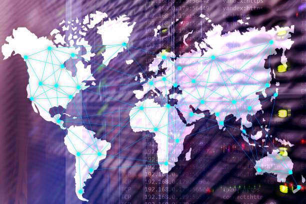 istock Internet and telecommunication concept with world map on server room background 1128174082
