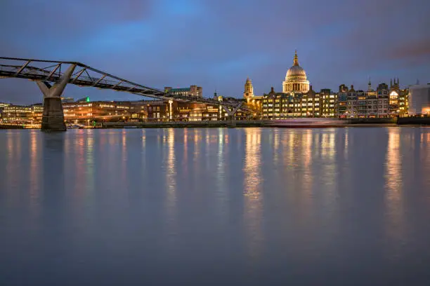 View of the busy Millennium Bridge on Thames Southbank towards the London city skyline with St Paul's Cathedral. Image is ideal for background with plenty of copy space. Shot with Canon EOS R full frame system.