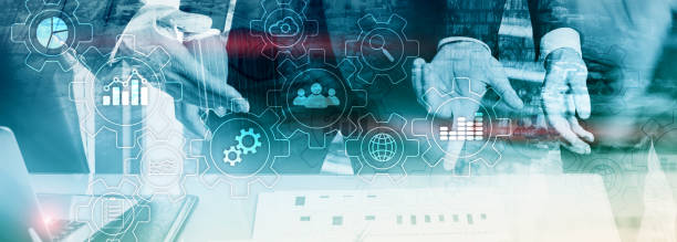 istock Business process abstract diagram with gears and icons. Workflow and automation technology concept 1128175561