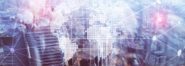 istock 3D Earth hologram on blurred background.Global business and communication concept 1128175718