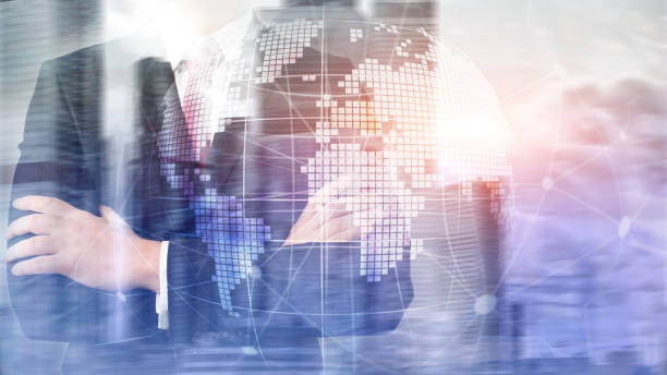 istock 3D Earth hologram on blurred background.Global business and communication concept 1128175733