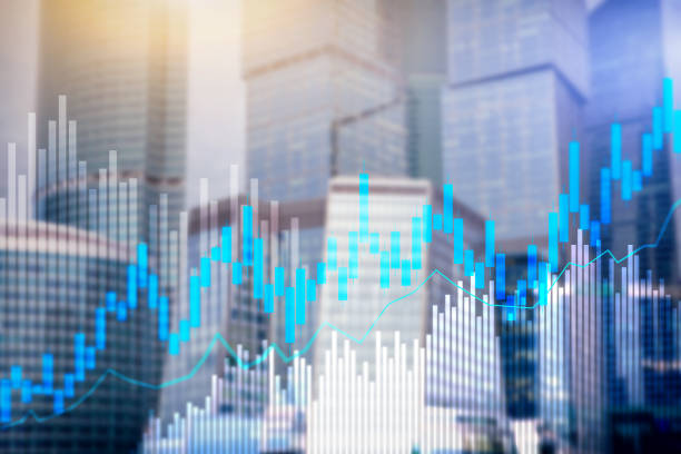 istock Stock trading candlestick chart and diagrams on blurred office center background 1128175909