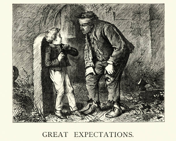 Dickens, Great Expectations, Pip and the escaped convict Vintage engraving of Scene from the Charles Dickens novel Great Expectations. Pip is accosted by the escaped convict, Abel Magwitch charles dickens stock illustrations