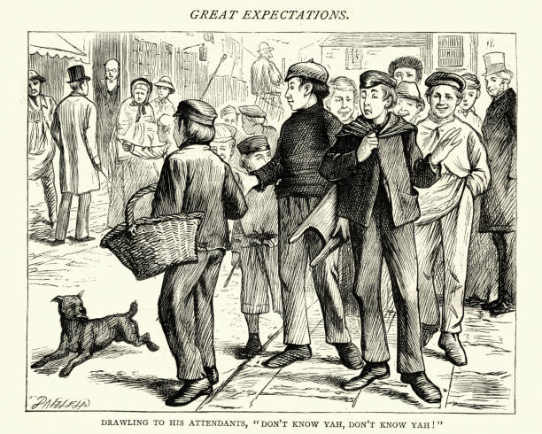 Dickens, Great Expectations, Drawling to his attendants Vintage engraving of Scene from the Charles Dickens novel Great Expectations. Drawling to his attendants, Don't know yah, don't know yah!. Illustration by F. A. Fraser charles dickens stock illustrations