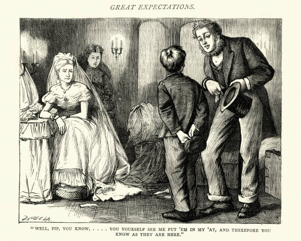 Dickens, Great Expectations, Well, Pip, you know Vintage engraving of Scene from the Charles Dickens novel Great Expectations. Well, Pip, you know, . . . . you yourself see me put em in my at". Illustration by F. A. Fraser charles dickens stock illustrations