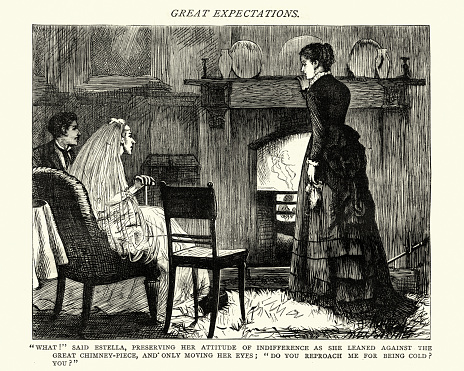 Vintage engraving of Scene from the Charles Dickens novel Great Expectations. What! said Estella, do you reproach me for being cold? You?. Illustration by F. A. Fraser
