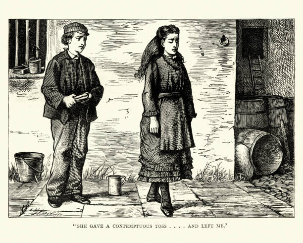 Dickens, Great Expectations, Young Pip and Estella, a contemptuous toss Vintage engraving of Scene from the Charles Dickens novel Great Expectations. She gave a contemptuous toss . . . . and left me. Illustration by F. A. Fraser charles dickens stock illustrations