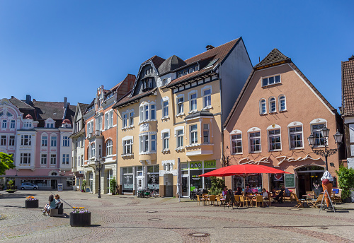 Herford, Germany - May 07, 2018: Historic buildings at the Goose market square in Herford, Germany