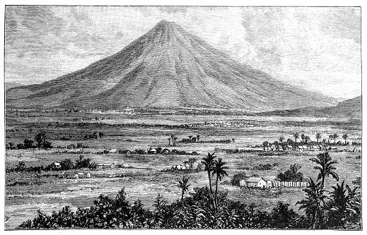 Illustration of a View of city and volcano San Miguel el Salvador