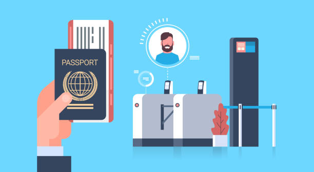 illustrations, cliparts, dessins animés et icônes de entreprise main tenant passeport et billets au plan au check-in scanner à l’aéroport de man lors de votre inscription pour le concept de départ - door tickets