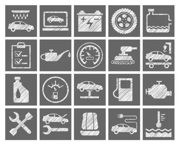 Vector illustration of Car repair and maintenance, gray icons, pencil hatching, vector.