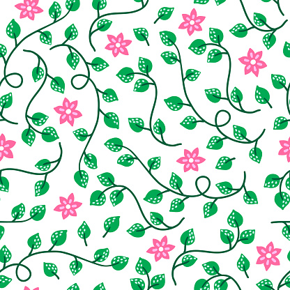 Jungle seamless pattern with flowers and tropical liana on white background. Perfect for holiday invitations, summer greeting cards, wallpaper and gift paper
