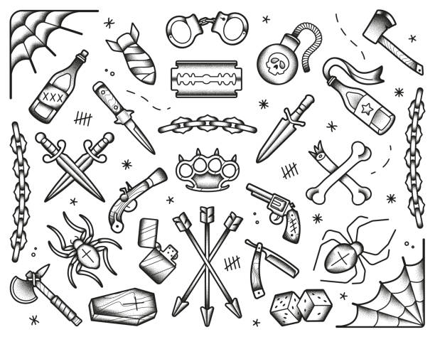 Old school tattoos set. Black icons: knifes, bones, bombs, pistols. Hand drawn dotwork isolated illustration. Eps10 vector tattoo drawings stock illustrations