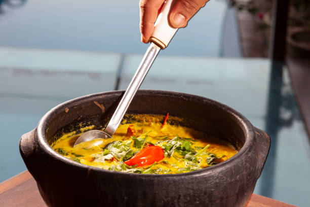 moqueca de pescado y gambas, plato tradicional de la cocina brasileña - moqueca fotos fotografías e imágenes de stock