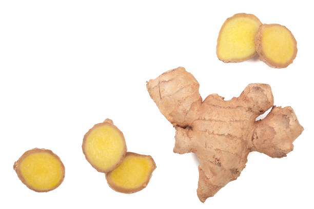 istock fresh Ginger root and slice isolated on white background with copy space for your text. Top view. Flat lay 1128185891