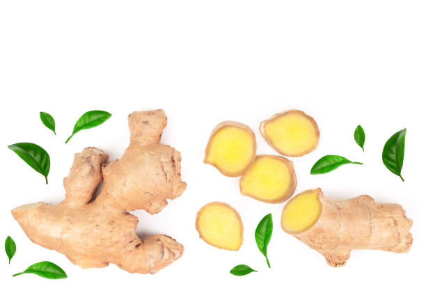 istock fresh Ginger root and slice isolated on white background with copy space for your text. Top view. Flat lay 1128185899