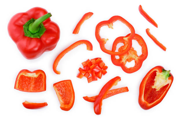 istock red sweet bell pepper isolated on white background. Top view. Flat lay 1128185916