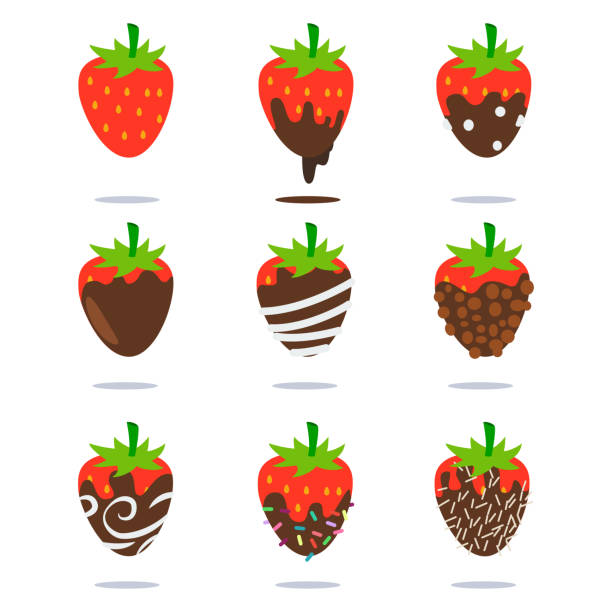 Chocolate covered strawberries vector cartoon flat fruit icons set isolated on white background. Chocolate covered strawberries vector icon set. chocolate covered strawberries stock illustrations