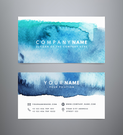 Creative watercolor abstract business card template. Abstract blue watercolor backgrounds. Vector design in blue, turquoise and white colors