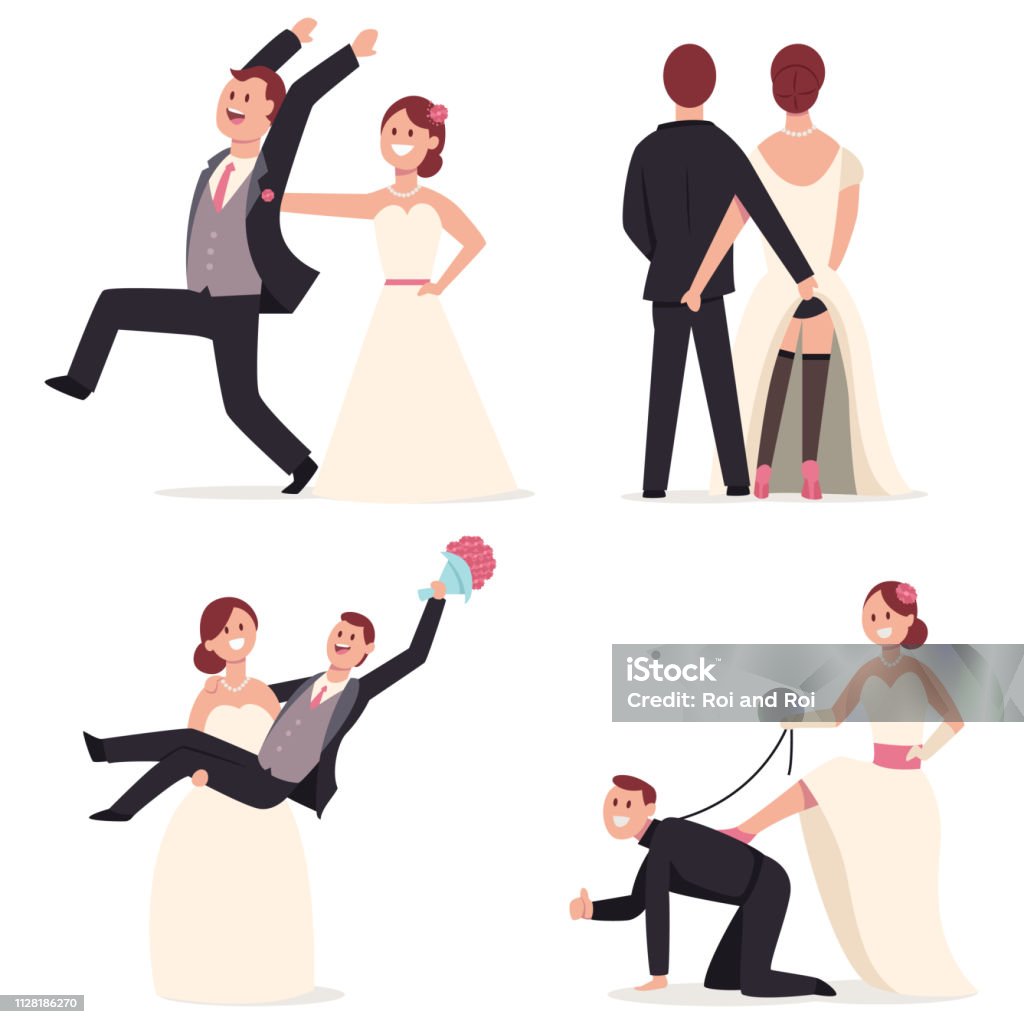 Funny Wedding Cake Toppers Figures Of The Bride And Groom In Cheerful Poses  Vector Cartoon Flat Newlyweds Couple Character Isolated On White Background  Stock Illustration - Download Image Now - iStock