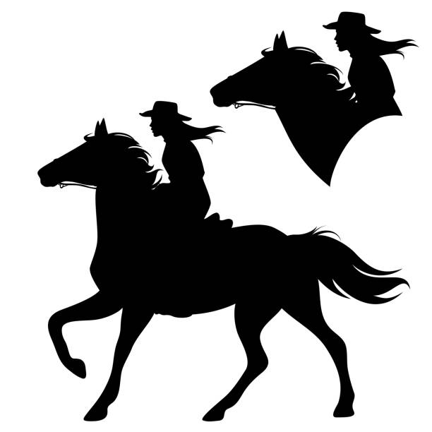 horseback cowboy woman and running horse vector cowgirl riding running horse - beautiful female horseback cowboy black and white vector silhouette set cowgirl stock illustrations