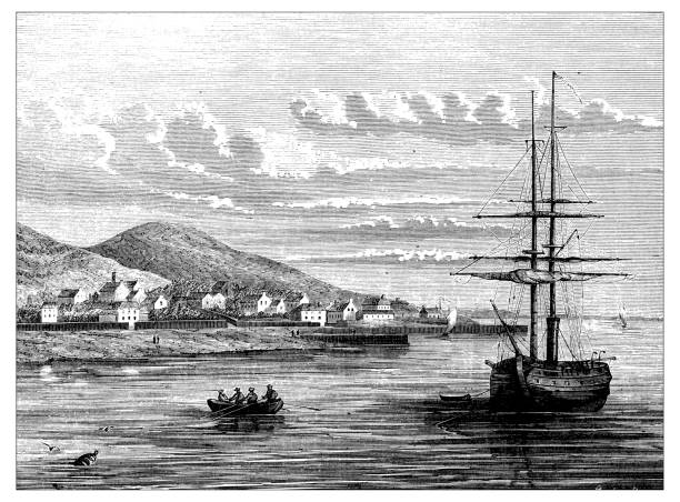 istock Antique illustration of scientific discoveries, cable connections for global communication: Installing underwater cables 1128190923