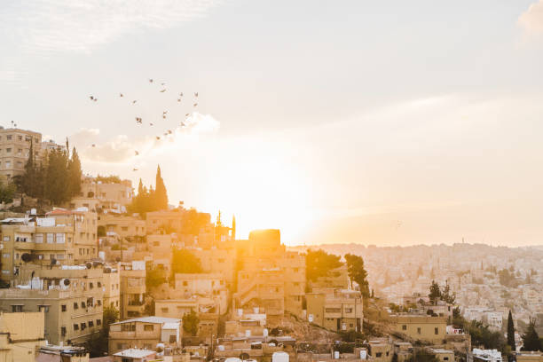 vista panoramica della città di amman al tramonto - amman foto e immagini stock