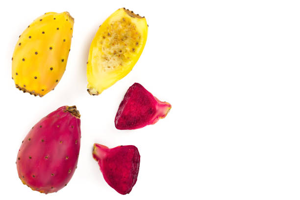 istock red end yellow prickly pear or opuntia isolated on a white background with copy space for your text. Top view. Flat lay 1128192547