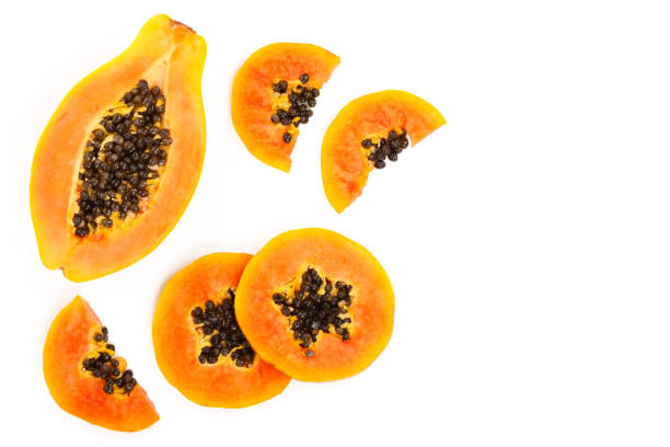 istock ripe slice papaya isolated on a white background with copy space for your text. Top view. Flat lay 1128192552
