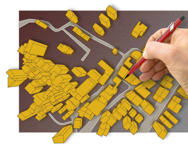 istock Hand drawing over an imaginary cadastral map of territory with 3D buildings, fields, roads and land parcel of a residential district - image with copy space 1128192650