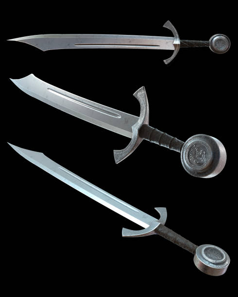 istock Medieval weapons.3d illustration isolated on black background 1128192875