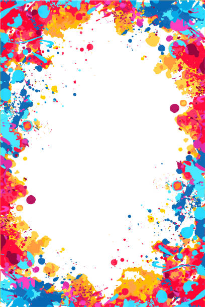 Vector red, orange and blue splattered frame Vector bright colorful ed, orange and blue splattered frame for flyers, posters, invitations blue ink splatter stock illustrations