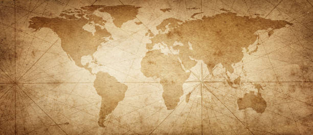 Old map of the world on a old parchment background. Vintage style. Elements of this Image Furnished by NASA. stock photo