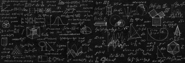 Blackboard inscribed with scientific formulas and calculations in physics and mathematics. Science and education background.