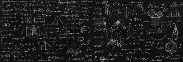 Photo of Blackboard inscribed with scientific formulas and calculations in physics and mathematics. Science and education background.