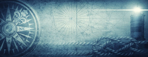 Old sea compass, lighthouse and sea knot on abstract map background. Pirate, explorer, travel and nautical theme grunge background. Retro style. Old sea compass, lighthouse and sea knot on abstract map background. Pirate, explorer, travel and nautical theme grunge background. Retro style. ship photos stock pictures, royalty-free photos & images