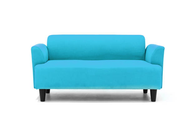 istock Light blue Scandinavian style contemporary sofa on white background with modern and minimal furniture design for stylish living room. 1128198692
