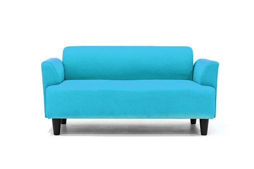 Light blue Scandinavian style contemporary sofa on white background with modern and minimal furniture design for stylish living room.