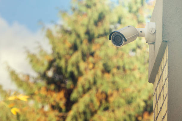 Modern CCTV camera on building wall, foliage background stock photo