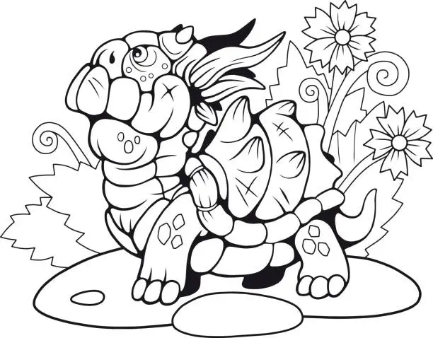 Vector illustration of little cartoon turtle dragon, coloring book, funny illustration