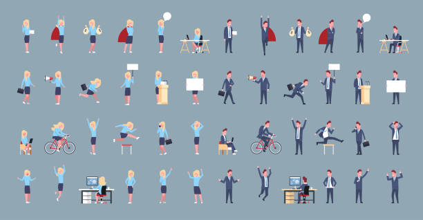 zestaw business man and woman icon mężczyzna kobieta pracownik biurowy stwarzające corporate różne sytuacje kolekcja - computer graphic image characters full stock illustrations