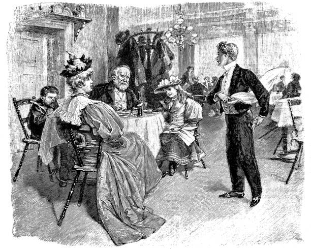 Waiter serves guests in the restaurant - 1896 Waiter serves guests in the restaurant - 1896 1895 stock illustrations