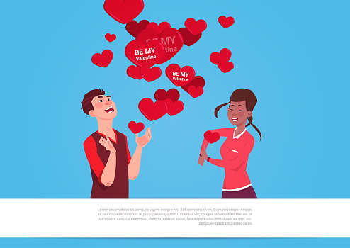 Mix Race Couple Over Heart Shapes With Be My Valentine Greeting Cards Love Day Holiday Concept Flat Vector Illustration