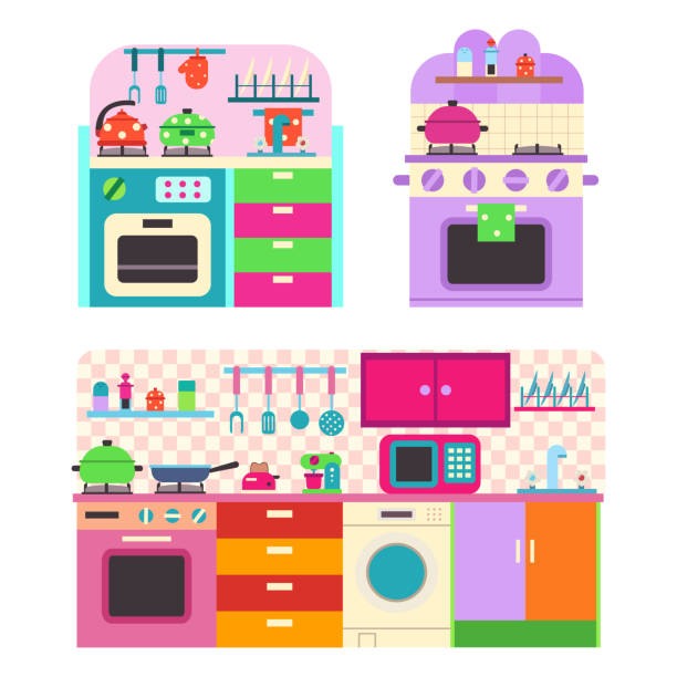 illustrazioni stock, clip art, cartoni animati e icone di tendenza di set da cucina giocattolo con utensili ed elettrodomestici per bambini. illustrazione piatta del cartone animato vettoriale isolata su sfondo bianco. - pink pepper illustrations