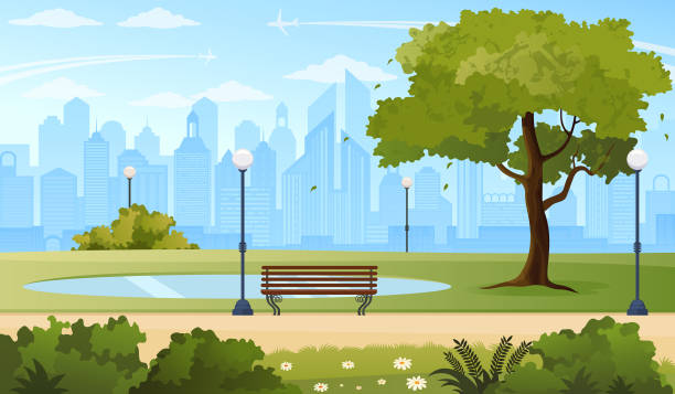 Summer city park. Vector illustration of a green park in modern city in America. city stock illustrations