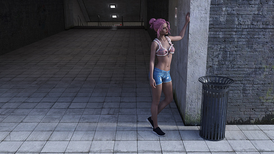 3d illustration of a woman in shorts and a halter top waiting at the entrance of a tunnel.