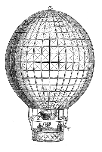 Antique illustration of scientific discoveries, aerostat:, hot air balloon and blimp by Andreani in Milan