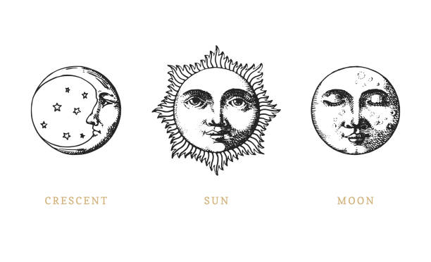 ilustraciones, imágenes clip art, dibujos animados e iconos de stock de conjunto del sol, luna y media luna roja, dibujado en el estilo del grabado a mano. gráficas ilustraciones retras vector. - moon